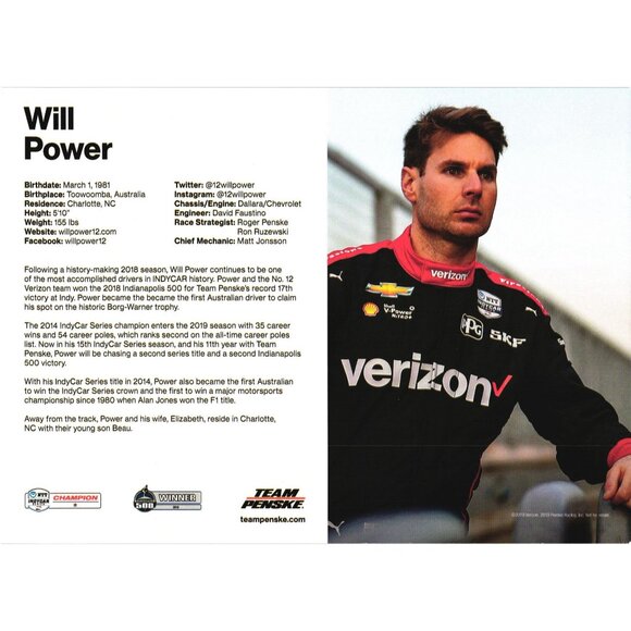 Will Power Signed Verizon IndyCar Postcard 6.5x9 Team Penske - Picture 2 of 2